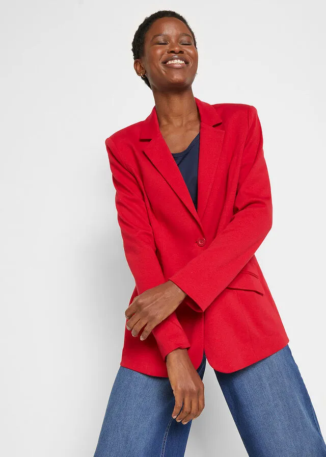 Americana larga de punto de algodón estilo boyfriend rojo cayena