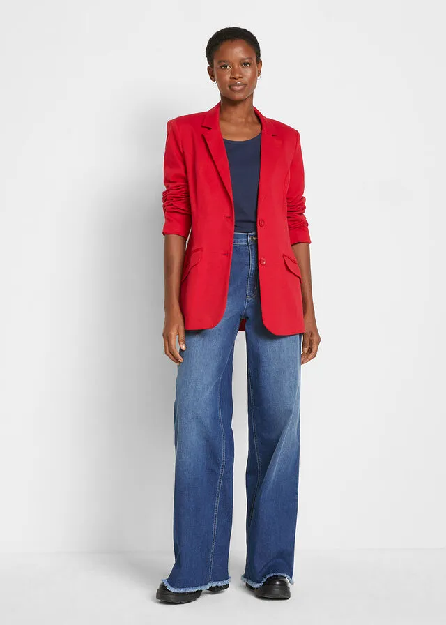 Americana larga de punto de algodón estilo boyfriend rojo cayena