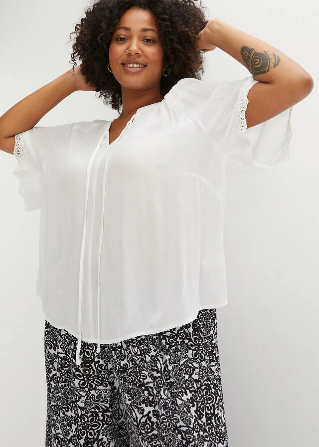 Blusa con encaje de viscosa sostenible Blanco