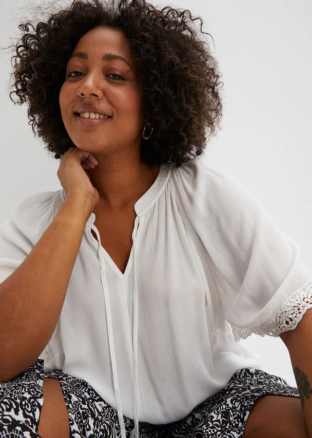 Blusa con encaje de viscosa sostenible Blanco