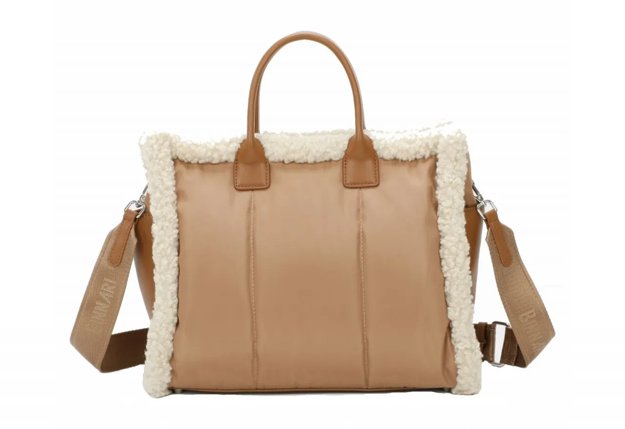 Bolso Mano Textil Camel Filo Borreguito Detalles y Asas Cuero