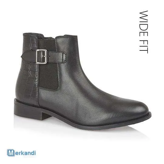 Bota Chelsea Chelsea Negra de Cuero para Damas con Borde de Correa en el Gusset