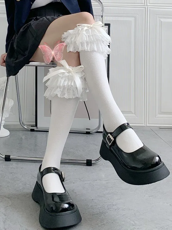 Calcetines hasta la rodilla con ribete de encaje con volantes