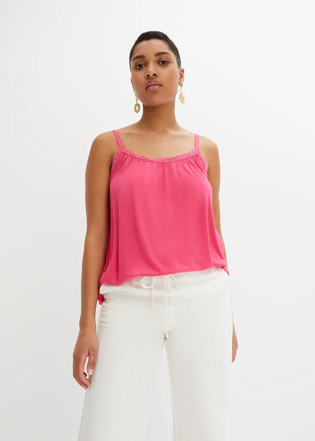 Camiseta con ribete de encaje Rosa oscuro