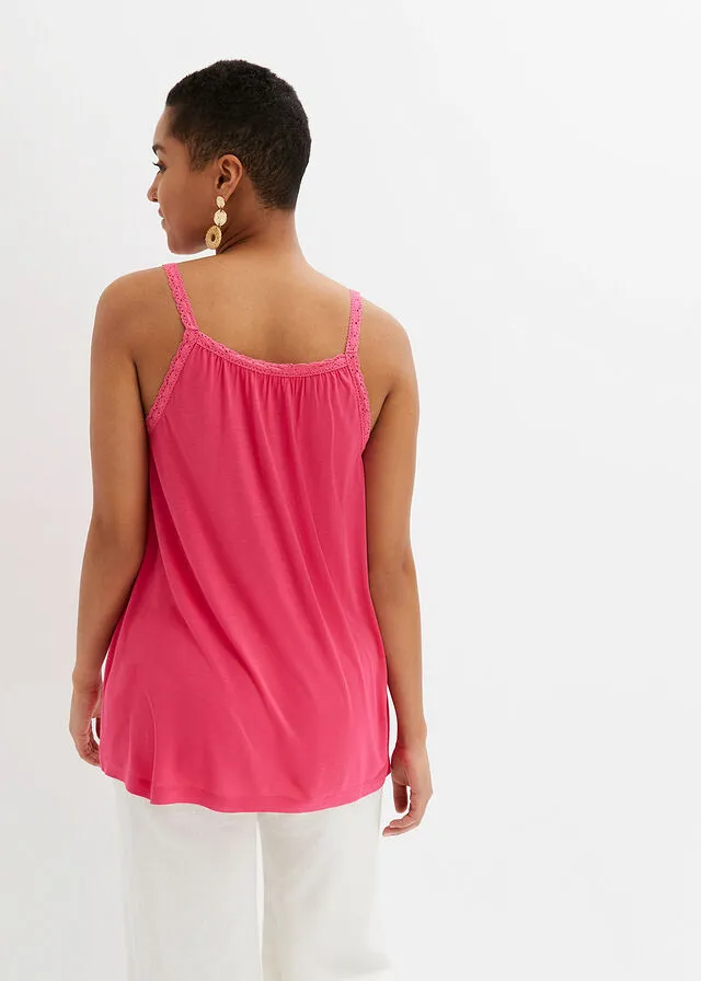 Camiseta con ribete de encaje Rosa oscuro