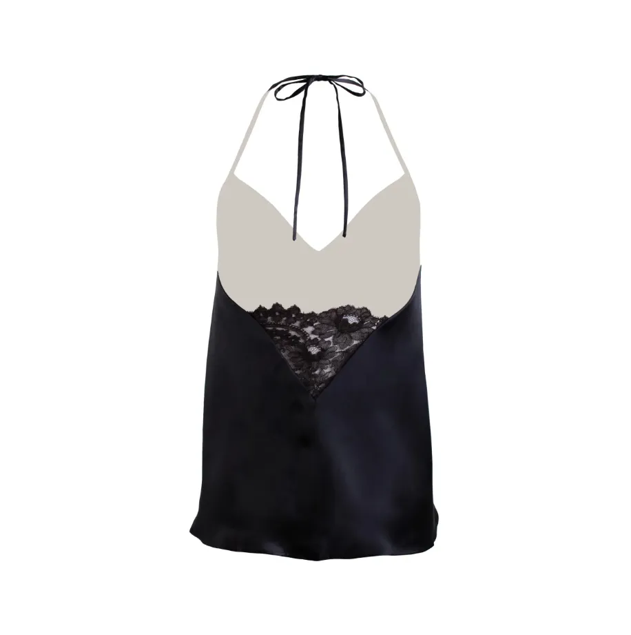 Camisola Black satin silk with leavers lace trim
