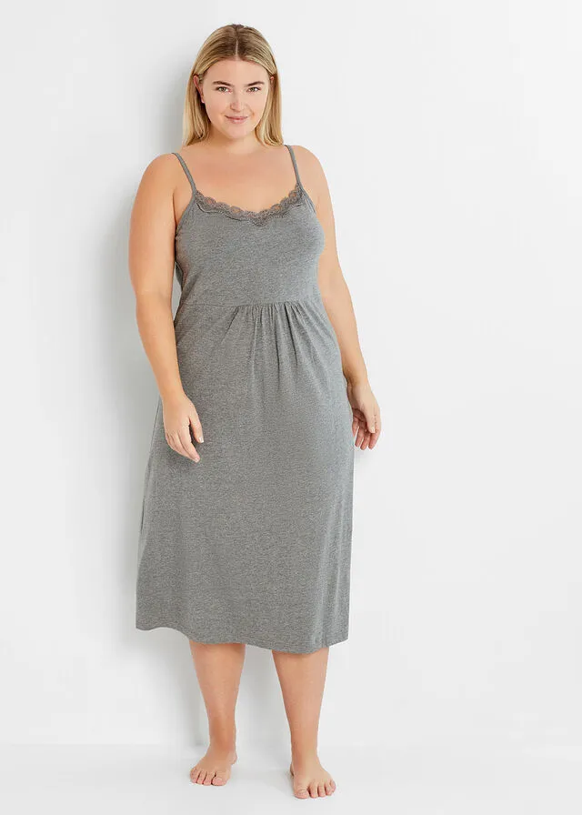 Camisón de tirantes finos con encaje Gris jaspeado