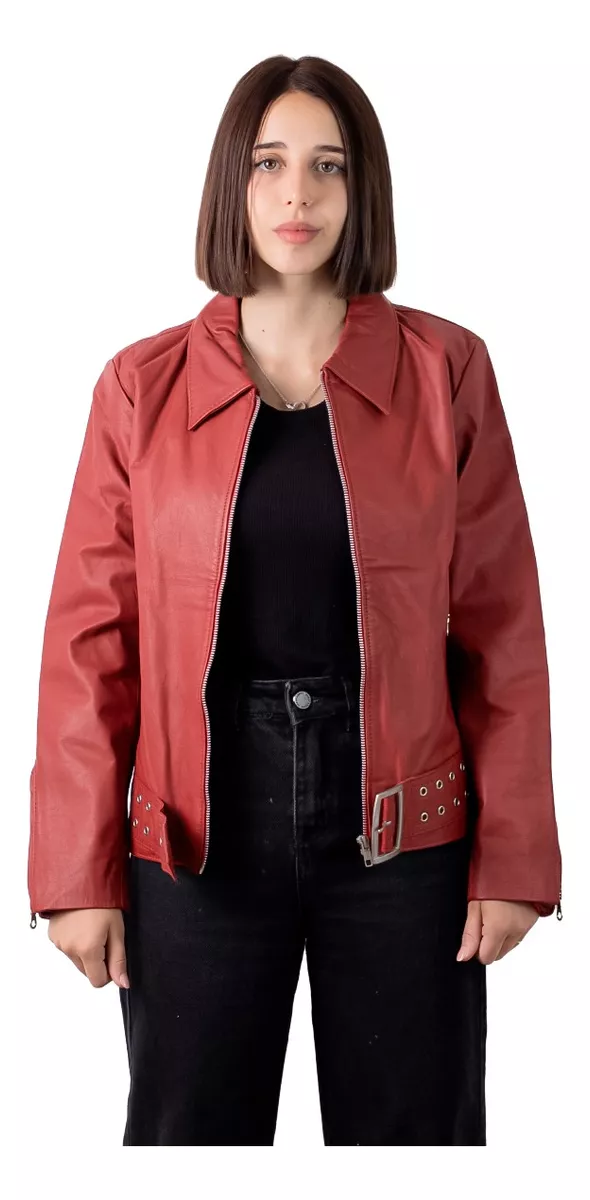 CAMPERA CUERO VACUNO 100% DE MUJER ROJA CON CINTURóN  LUCRE