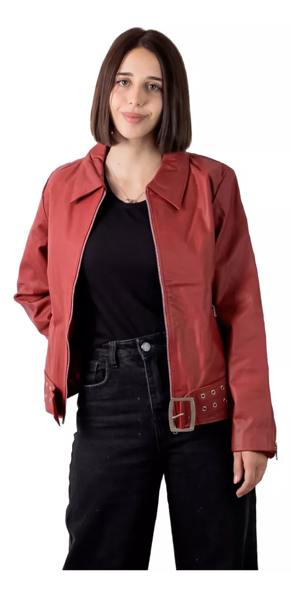 CAMPERA CUERO VACUNO 100% DE MUJER ROJA CON CINTURóN  LUCRE
