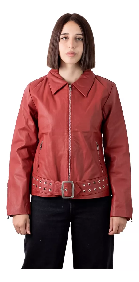 CAMPERA CUERO VACUNO 100% DE MUJER ROJA CON CINTURóN  LUCRE