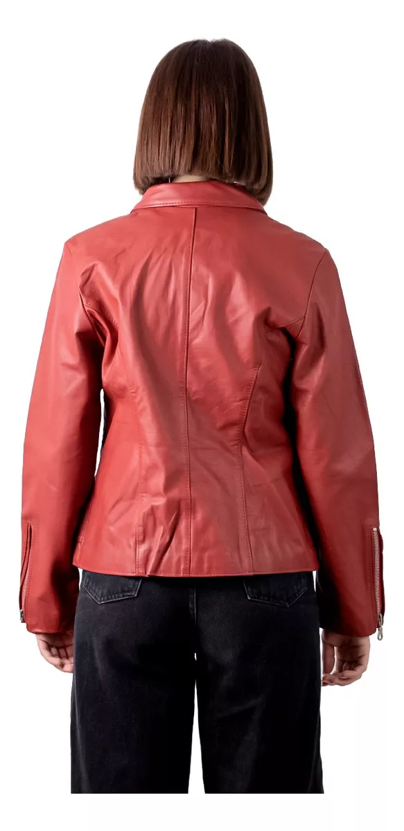 CAMPERA CUERO VACUNO 100% DE MUJER ROJA CON CINTURóN  LUCRE