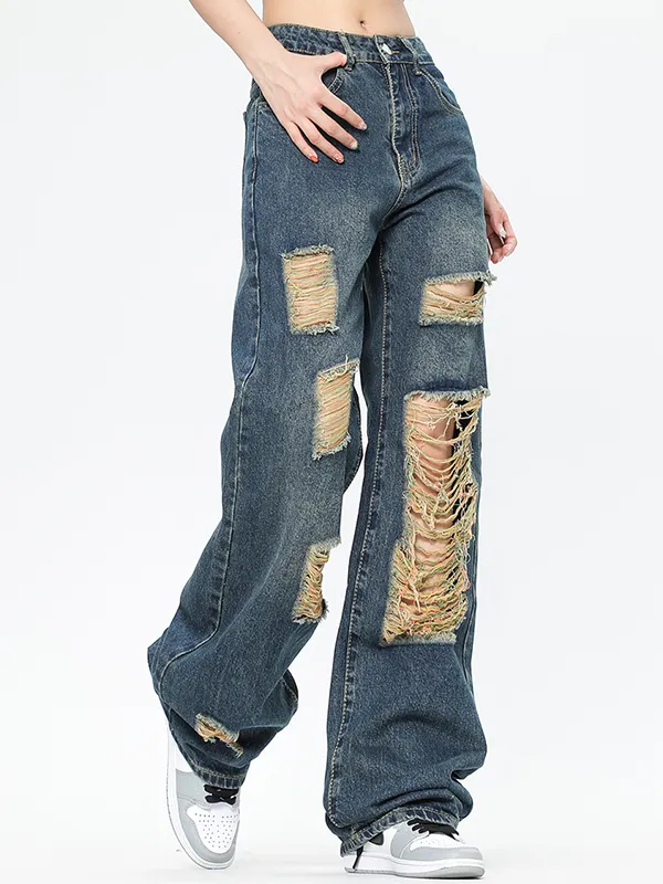 Jeans rasgados de fregona rasgados de pierna ancha estilo americano