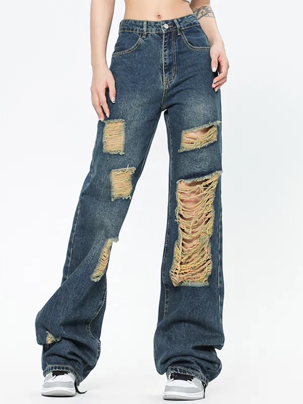 Jeans rasgados de fregona rasgados de pierna ancha estilo americano