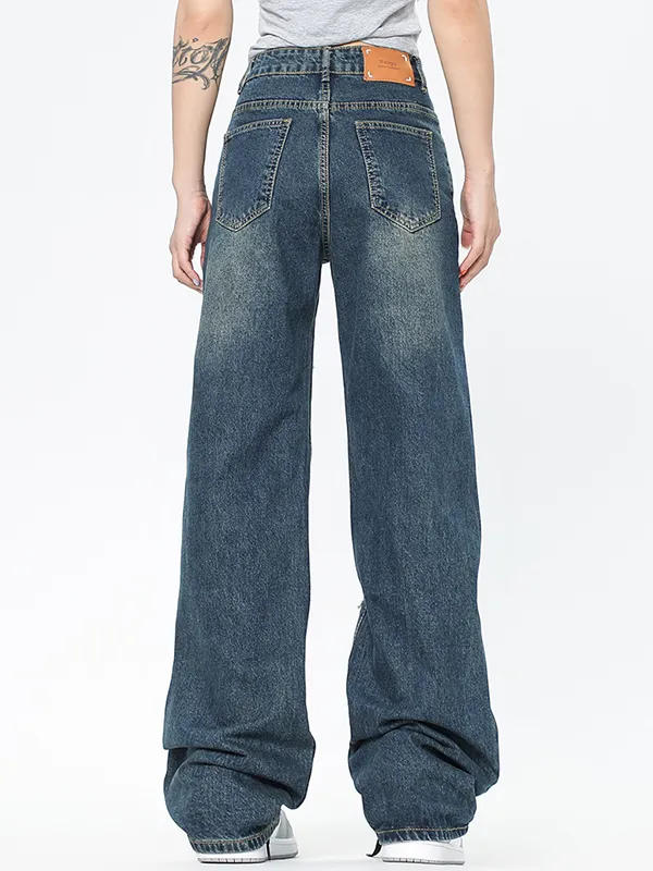 Jeans rasgados de fregona rasgados de pierna ancha estilo americano