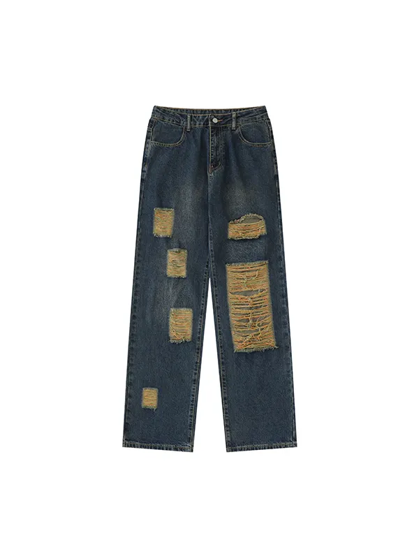 Jeans rasgados de fregona rasgados de pierna ancha estilo americano