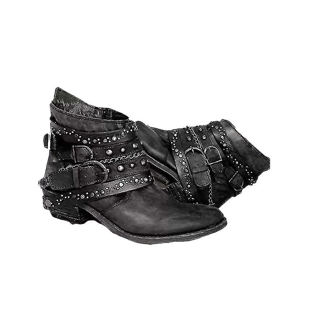 Mujeres Vintage Punk Low Heel Tobilleras Invierno Retro Tachonado Hebilla Biker Booties Zapatos