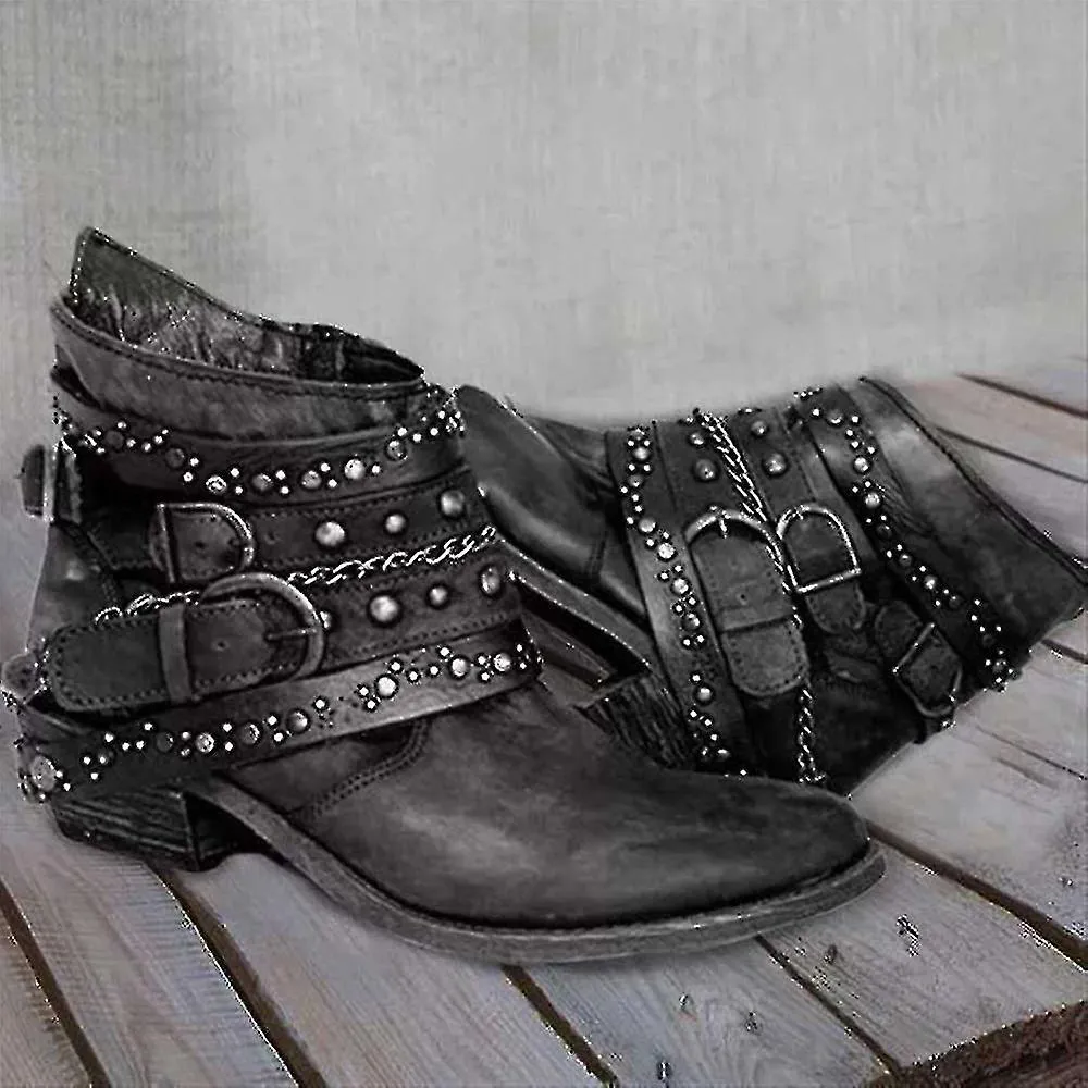 Mujeres Vintage Punk Low Heel Tobilleras Invierno Retro Tachonado Hebilla Biker Booties Zapatos