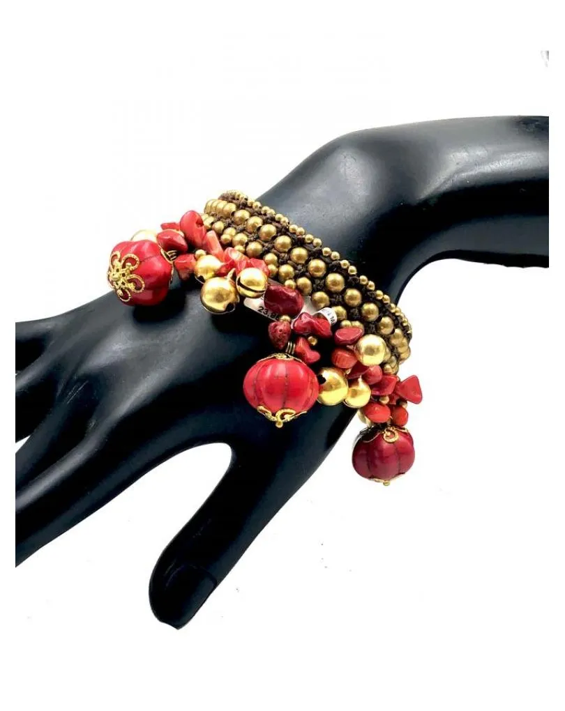 PULSERAS MUJER ROJAS DE PIEDRA Y MACRAME ESTILO IBICENCO