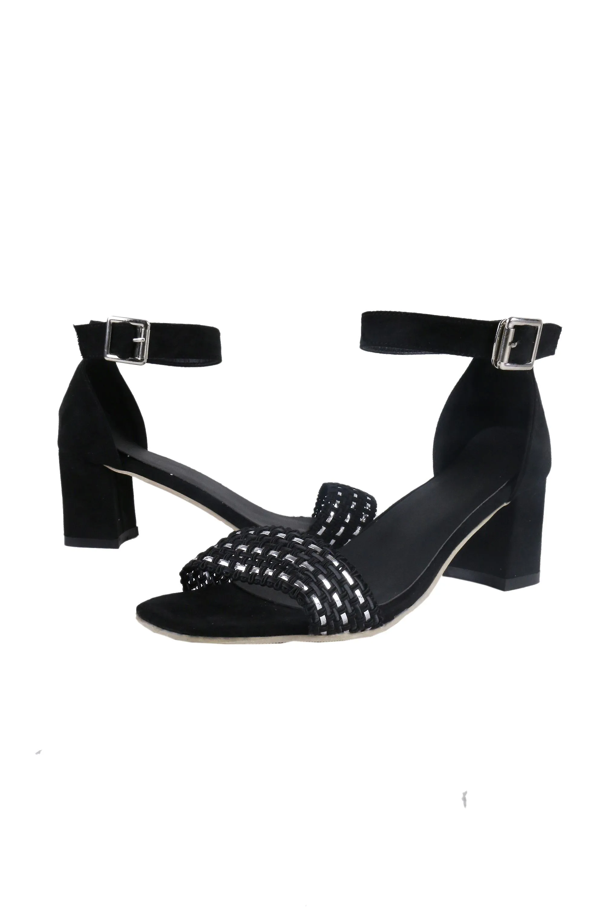 Sandalia de tacón de bloque de Lovemystyle negro con plata diseño de la armadura