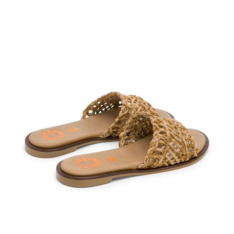 SANDALIA PLANA CON PALA TEXTIL CUERO CORA