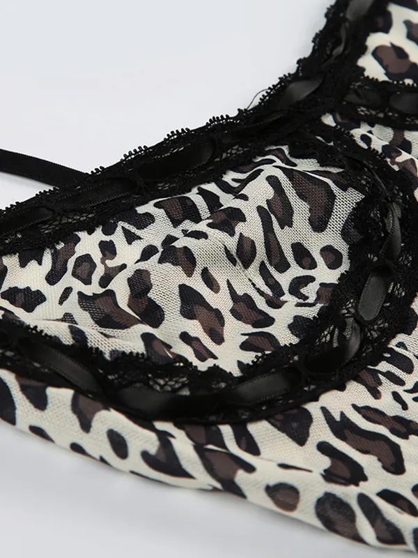 Top camisola de encaje con estampado de leopardo