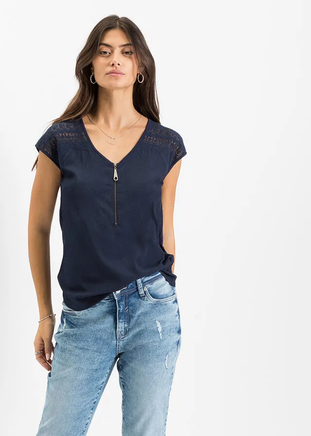 Top con hombros de encaje Azul oscuro