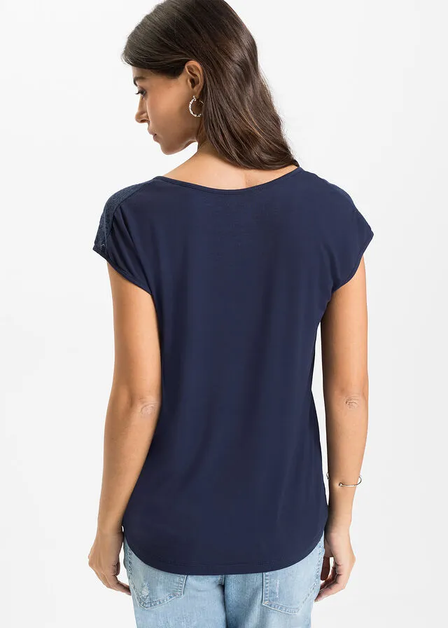 Top con hombros de encaje Azul oscuro