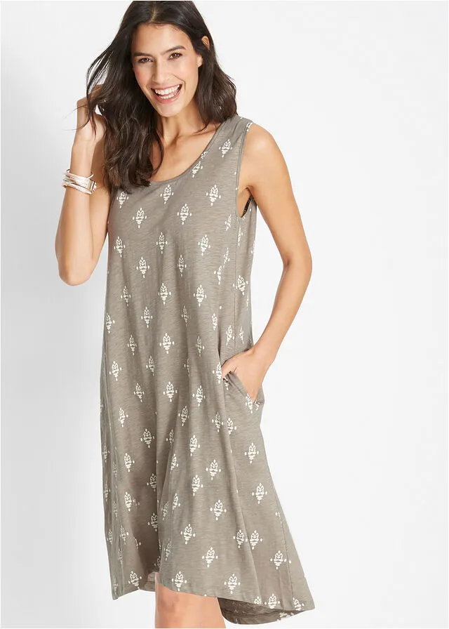 Vestido de algodón de estilo túnica Verde oliva claro estampado