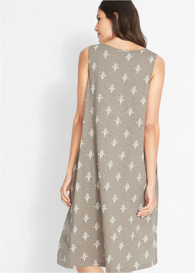 Vestido de algodón de estilo túnica Verde oliva claro estampado