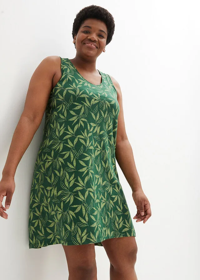 Vestido de algodón de estilo túnica Verde oscuro/verde apio estampado