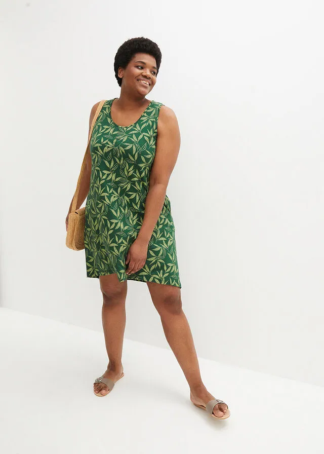 Vestido de algodón de estilo túnica Verde oscuro/verde apio estampado