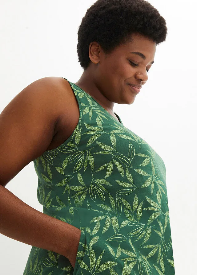 Vestido de algodón de estilo túnica Verde oscuro/verde apio estampado