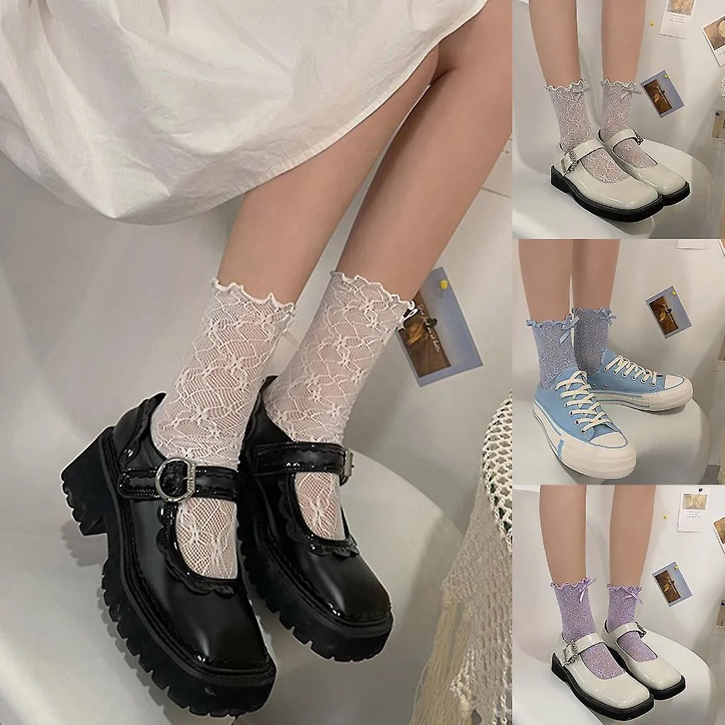 Womens Knee High Socks Girls Lace Fishnet Patterned Stockings Loose Socks Campus Style Lace Long Socks